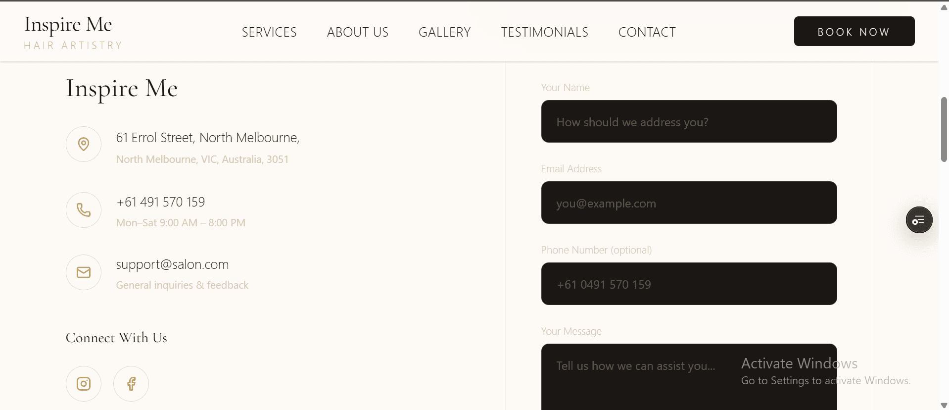 Inspire Me Contact section