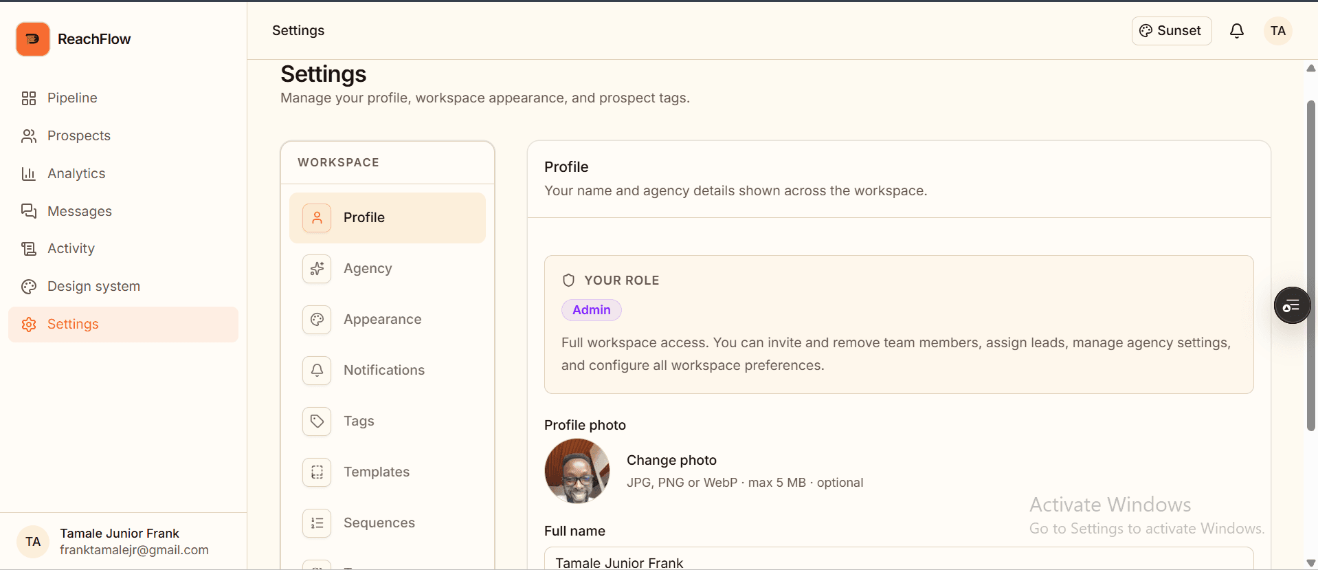 ReachFlow Settings Dashboard