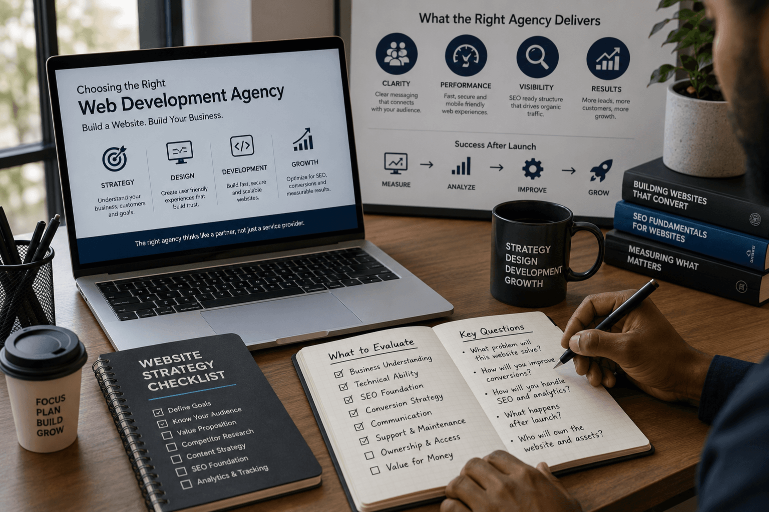 Business owner reviewing website strategy, project scope, analytics, SEO plan, and agency proposal before choosing a web development partner