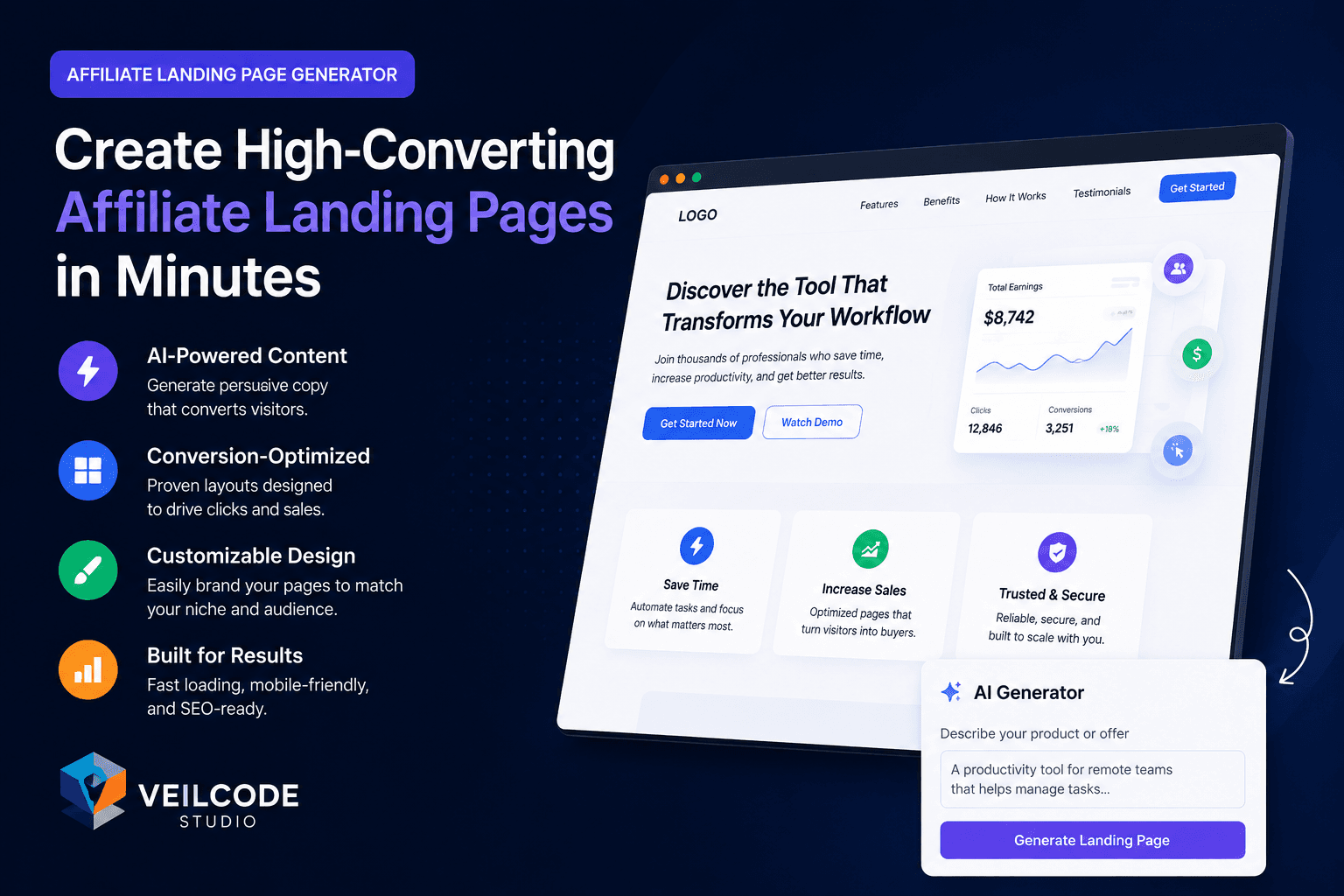 Affiliate marketer reviewing generated landing pages, campaign URLs, click analytics, and product promotion content inside a SaaS dashboard