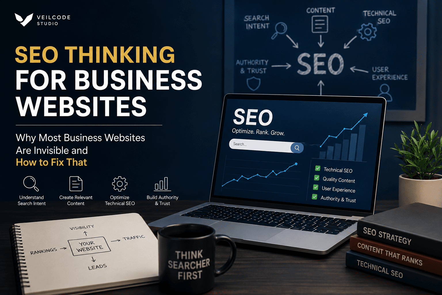 Business website SEO strategy showing search intent, technical SEO, content, internal links, authority, and AI search