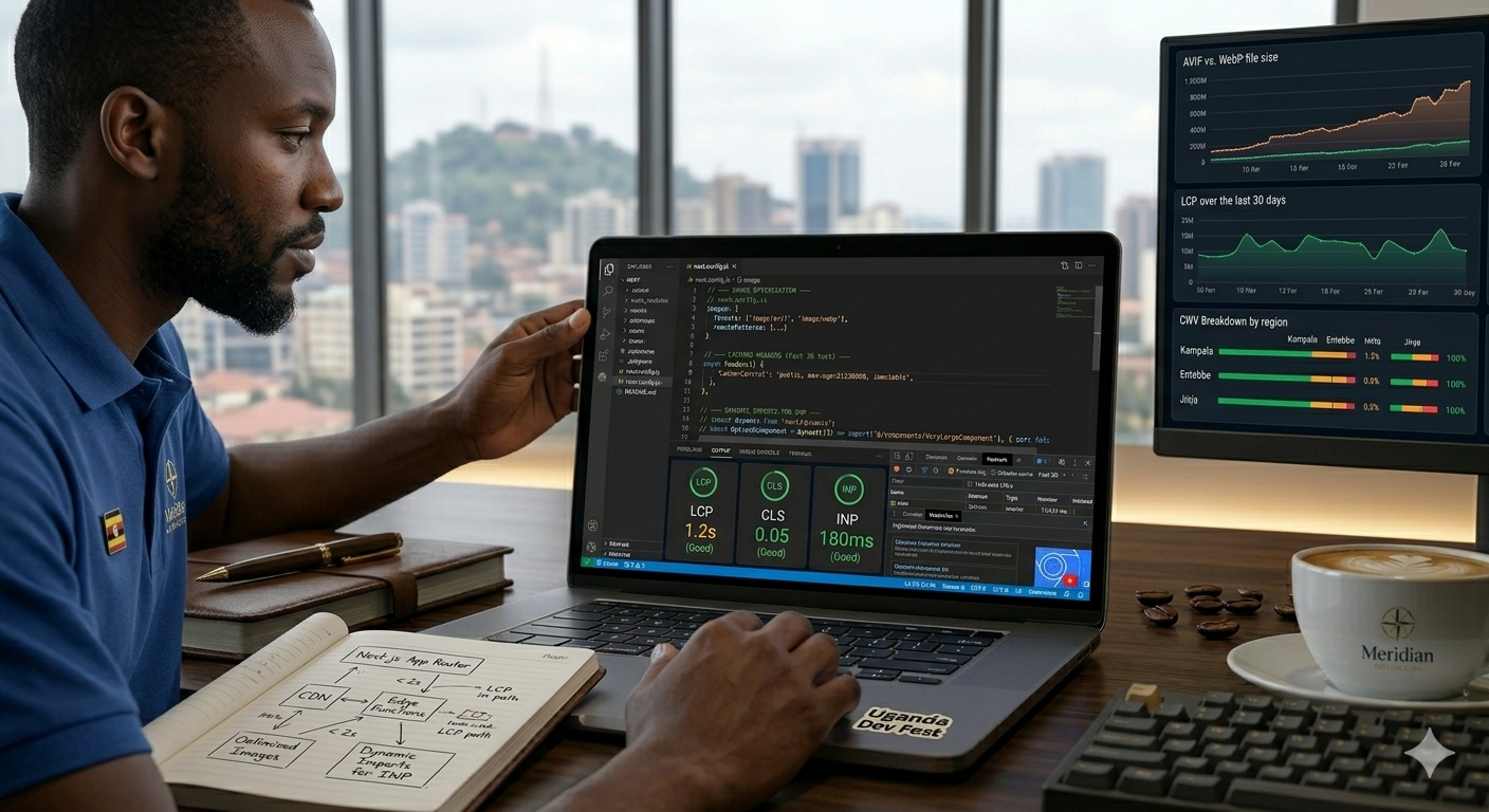 Code editor showing Next.js configuration with performance annotations